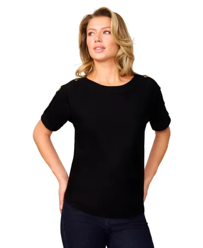 Melissa Paige Petite Button Detail Dolman Short-sleeve Sweater In Black