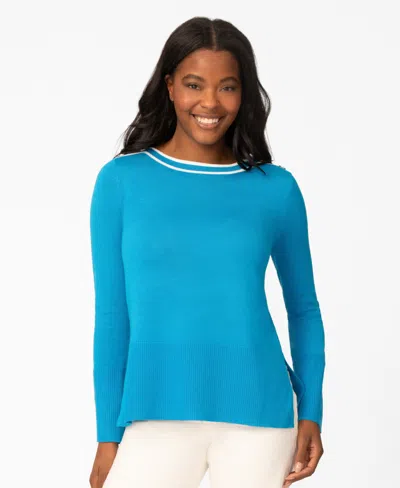 Melissa Paige Petite Button Shoulder Boat Neck Sweater In Blue