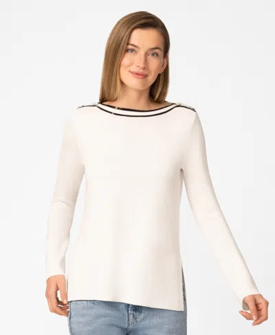 Melissa Paige Petite Button Shoulder Boat Neck Sweater In White