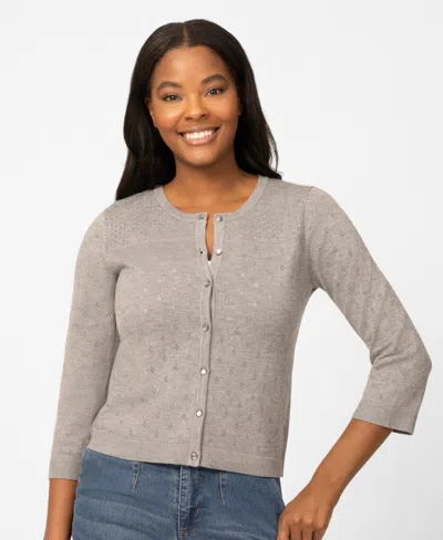 Melissa Paige Petite Diamond Pointelle Button Crewneck Cardigan Sweater In Gray