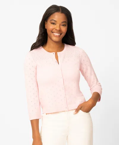 Melissa Paige Petite Diamond Pointelle Button Crewneck Cardigan Sweater In Pink