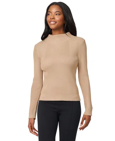 Melissa Paige Petite Funnel-neck Ribbed Pullover Sweater In Brown
