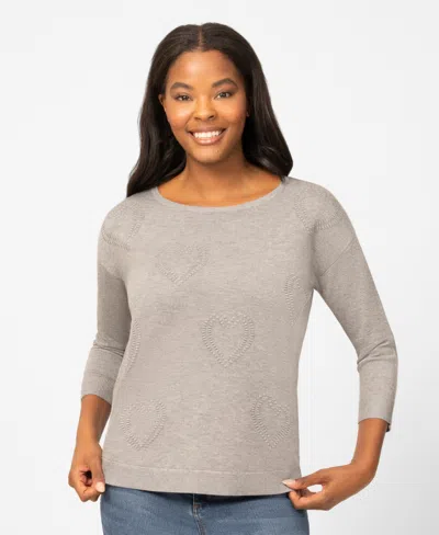 Melissa Paige Petite Heart Textured Hi-low Boat Neck Sweater In Gray
