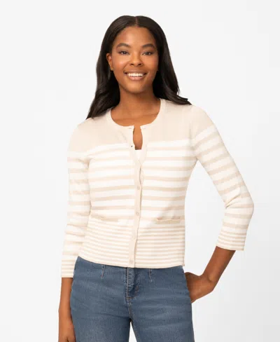 Melissa Paige Petite Mixed Stripe Button Crewneck Cardigan Sweater In Neutral