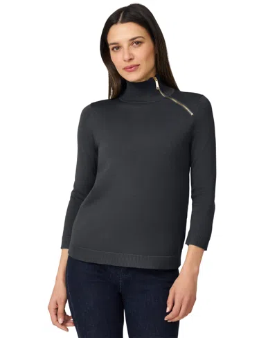 Melissa Paige Petite Mock Neck Asymmetric-zip Sweater In Black