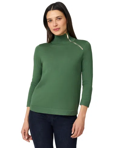 Melissa Paige Petite Mock Neck Asymmetric-zip Sweater In Green