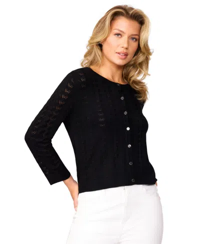 Melissa Paige Petite Pointelle-knit Crewneck Cardigan In Black