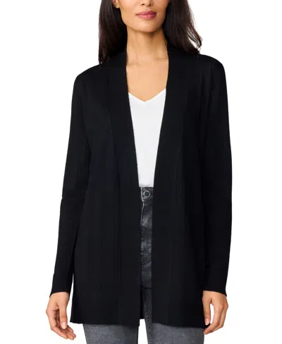 Melissa Paige Petite Pointelle Open-front Long Cardigan In Black