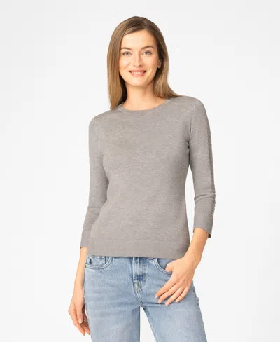 Melissa Paige Petite Pointelle-sleeve Crewneck Sweater In Gray