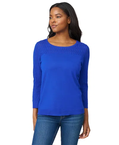 Melissa Paige Petite Pointelle-yoke 3/4-sleeve Sweater In Blue
