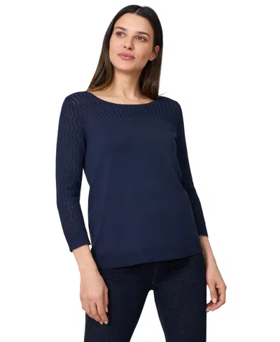 Melissa Paige Petite Pointelle-yoke 3/4-sleeve Sweater In Black