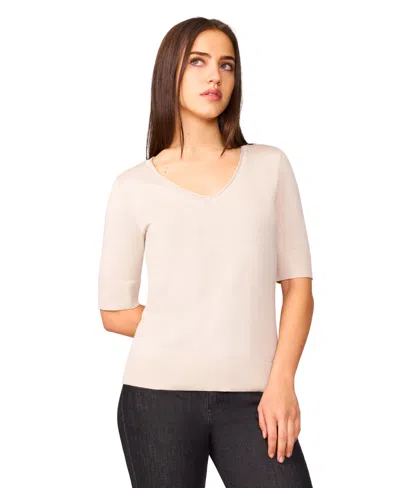 Melissa Paige Petite Rolled V-neck Elbow-sleeve Sweater In Neutral