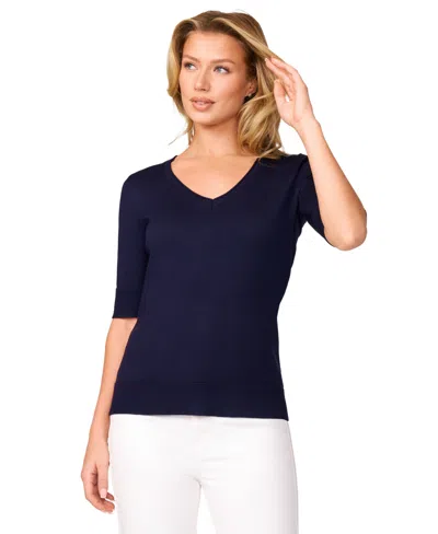 Melissa Paige Petite Rolled V-neck Elbow-sleeve Sweater In Blue