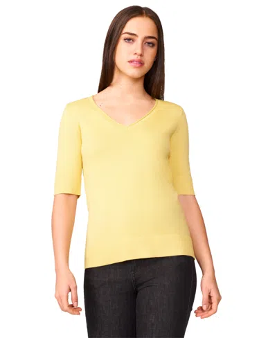 Melissa Paige Petite Rolled V-neck Elbow-sleeve Sweater In Yellow
