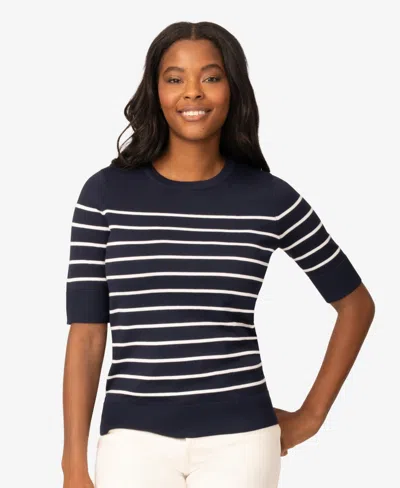Melissa Paige Petite Striped Crew-neck Elbow-sleeve Sweater In Blue