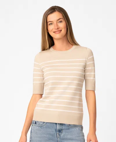Melissa Paige Petite Striped Crew-neck Elbow-sleeve Sweater In Neutral