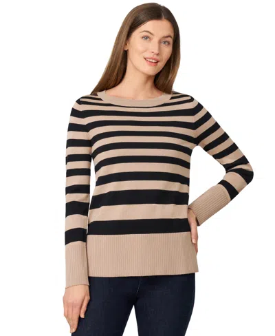 Melissa Paige Petite Striped Side-slit Tunic Sweater In Brown