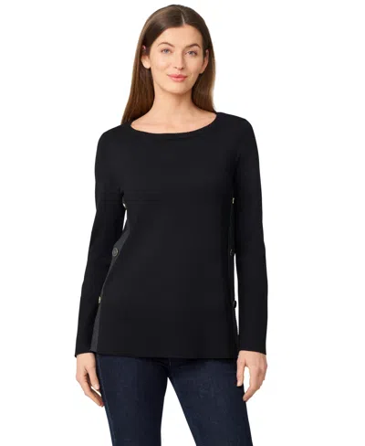 Melissa Paige Petite Tipped Side-button Tunic Sweater In Black