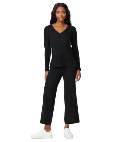 Melissa Paige Petite V-neck Side-slit Tunic Sweater In Black