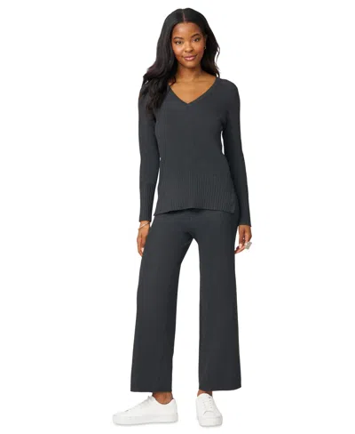 Melissa Paige Petite Ribbed-knit V-neck Tunic & Pant Sweater Set In Black