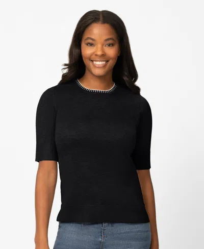 Melissa Paige Petite Whip Stitch Elbow-sleeve Crewneck Sweater In Blue