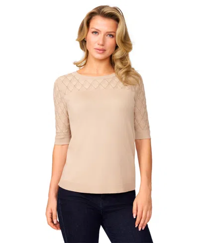 Melissa Paige Petite Yoke Wave Stitch Elbow-sleeve Sweater In Brown