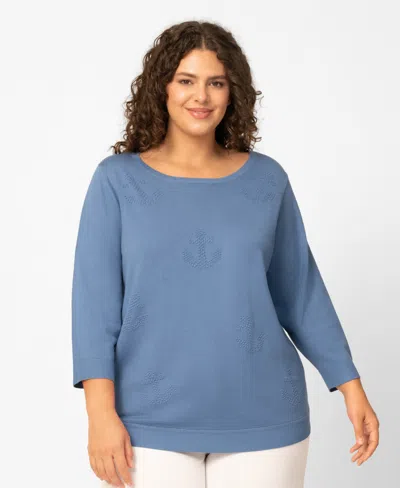 Melissa Paige Plus Size Anchor Textured Hi Low Boat Neck Sweater, Macy's Exclusive In Blue