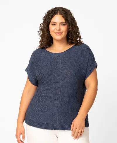 Melissa Paige Plus Size Button Back Tape Yarn Short-sleeve Knit Sweater, Macy's Exclusive In Blue