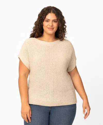 Melissa Paige Plus Size Button Back Tape Yarn Short-sleeve Knit Sweater, Macy's Exclusive In Neutral