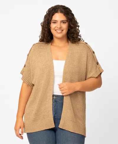 Melissa Paige Plus Size Button Shoulder Flyaway Open Front Cardigan, Macy's Exclusive In Brown