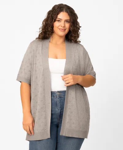 Melissa Paige Plus Size Floral Texture Flyaway Open Front Cardigan In Gray