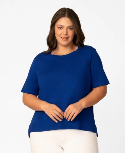Melissa Paige Plus Size Lace Shoulder Boxy Crewneck Top, Macy's Exclusive In Blue