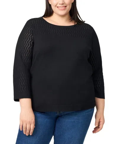 Melissa Paige Plus Size Pointelle-yoke 3/4-sleeve Sweater In Black