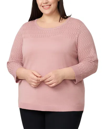 Melissa Paige Plus Size Pointelle-yoke 3/4-sleeve Sweater In Pink
