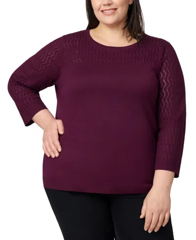 Melissa Paige Plus Size Pointelle-yoke 3/4-sleeve Sweater In Red