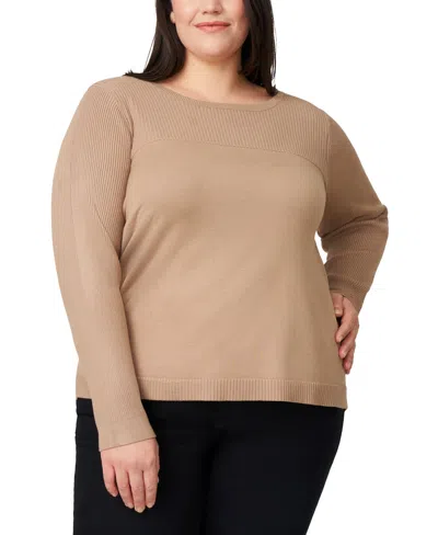 Melissa Paige Plus Size Ribbed-yoke Pullover Sweater In Brown