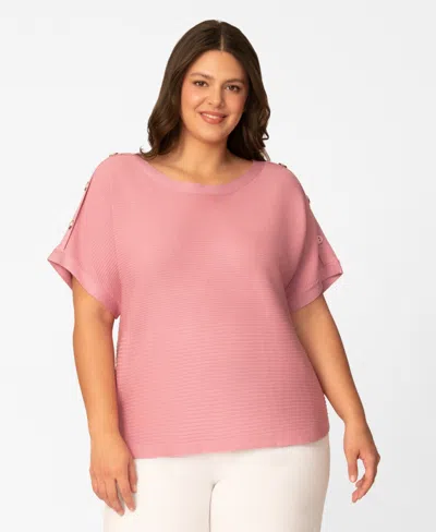 Melissa Paige Plus Size Vertical Rib Button Short-sleeve Sweater, Macy's Exclusive In Pink