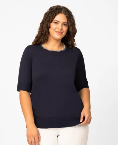 Melissa Paige Plus Size Whip Stitch Elbow-sleeve Knit Sweater, Macy's Exclusive In Blue