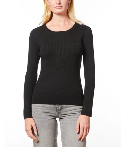 Melissa Paige Petite Crewneck Rib-knit Long-sleeve Sweater In Jet Black