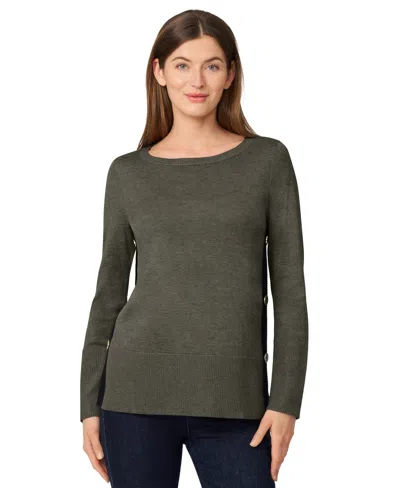 Melissa Paige Women's Contrast-trim Side-button Tunic Sweater In Gray