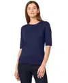 Melissa Paige Petite Crew-neck Elbow-sleeve Fine-gauge Sweater In Blue