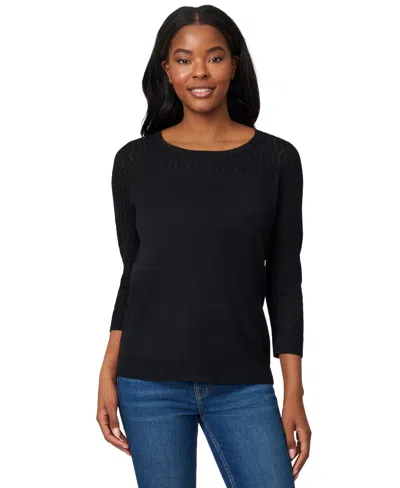 Melissa Paige Women's Crewneck Pointelle 3/4-sleeve Lightweight Sweater In Black
