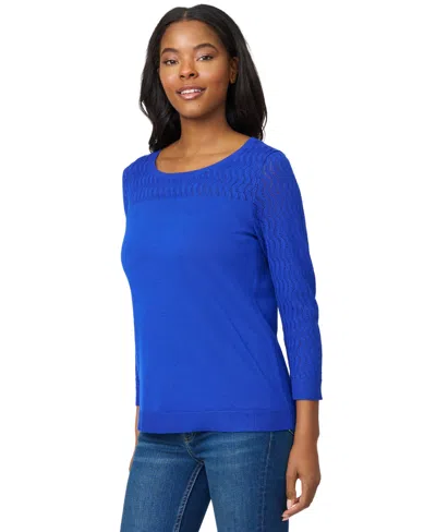 Melissa Paige Women's Crewneck Pointelle 3/4-sleeve Lightweight Sweater In Blue