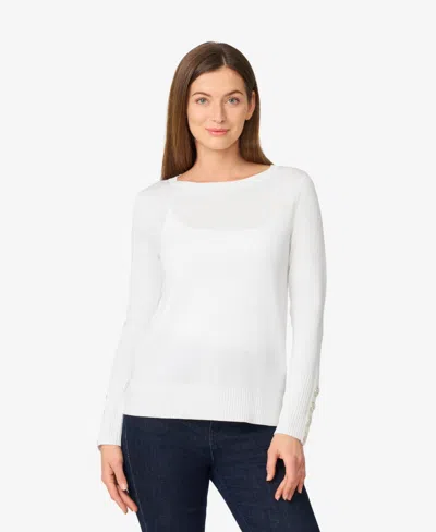 Melissa Paige Women's Fine Gauge Boat-neck Buttoned-cuff Sweater In White