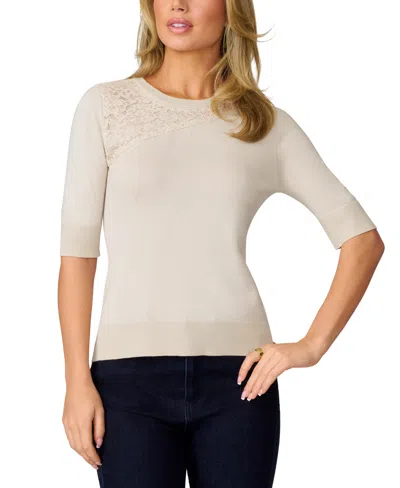 Melissa Paige Women's Lace-panel Elbow-sleeve Sweater, Regular & Petite In Pumice Stone