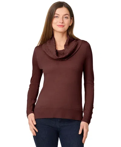 Melissa Paige Women's Petite Chevron-trimmed Cowl-neck Sweater In Brown