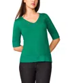 Melissa Paige Petite Rolled V-neck Elbow-sleeve Sweater In Green