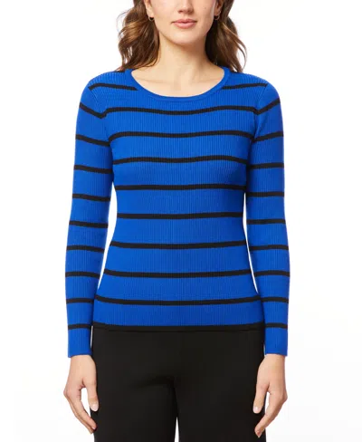 Melissa Paige Petite Women's Scoop Neck Ribbed Striped Sweater In Angelfish
