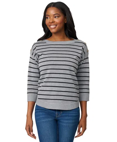 Melissa Paige Women's Striped Button-shoulder Boatneck 3/4-sleeve Sweater In Gray
