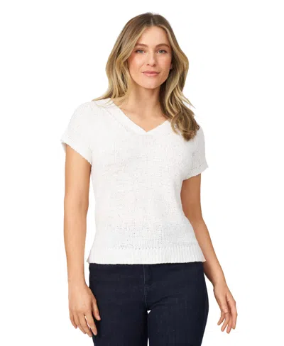 Melissa Paige Women's V-neck Short-sleeve Tape-yarn Sweater In Snow White